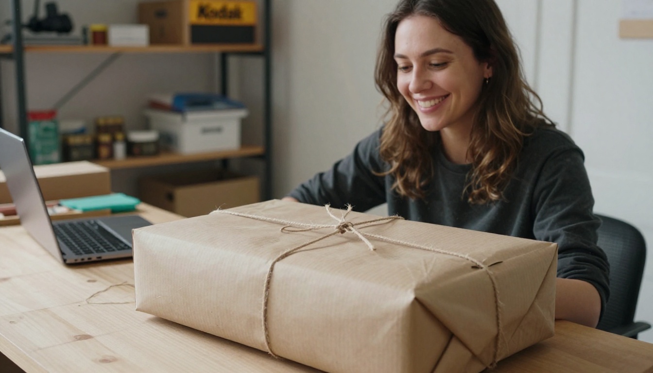 Smiling shop owner packing a parcel in a workshop