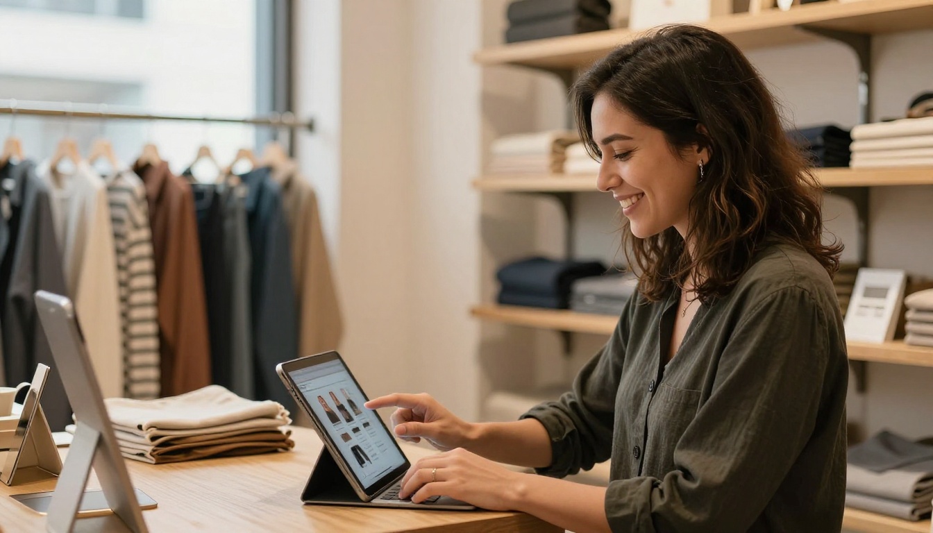 Boutique owner sharing a digital lookbook on a tablet with a customer Boutique owner sharing a digital lookbook on a tablet with a customer