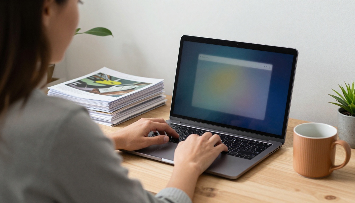 A woman at a standing desk starting a new project on a laptop beside a stack of PDFs A woman at a standing desk starting a new project on a laptop beside a stack of PDFs