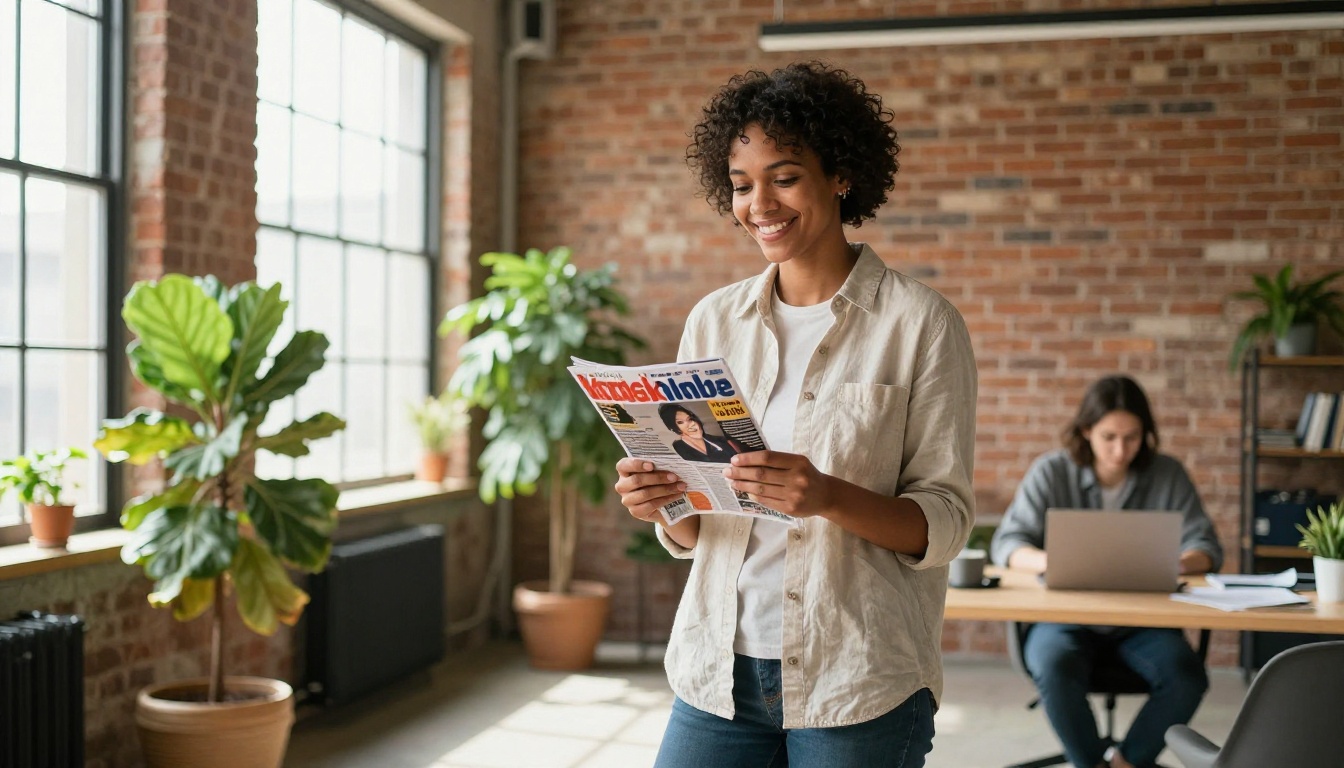 A magazine founder holding a printed issue in a bright loft office A magazine founder holding a printed issue in a bright loft office