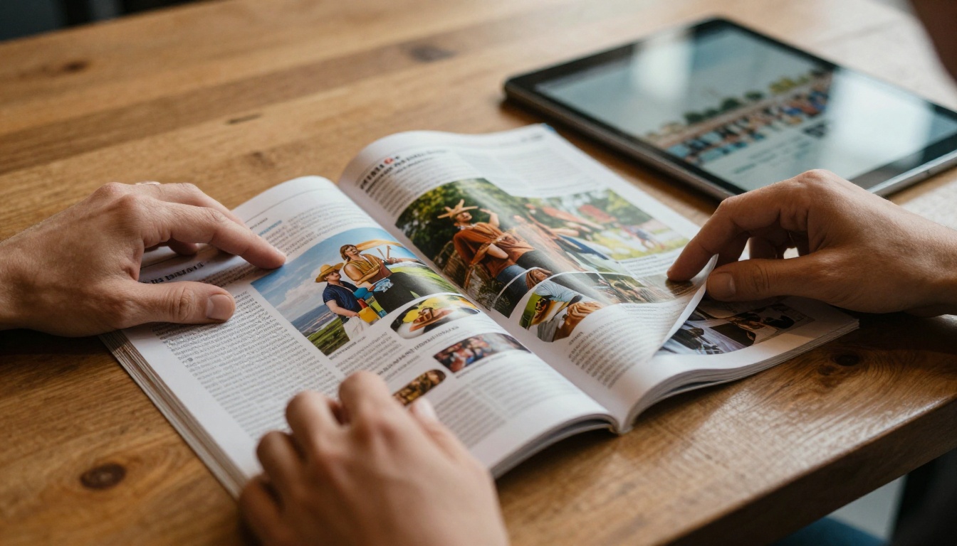 Hands flipping through a printed travel magazine beside a tablet Hands flipping through a printed travel magazine beside a tablet