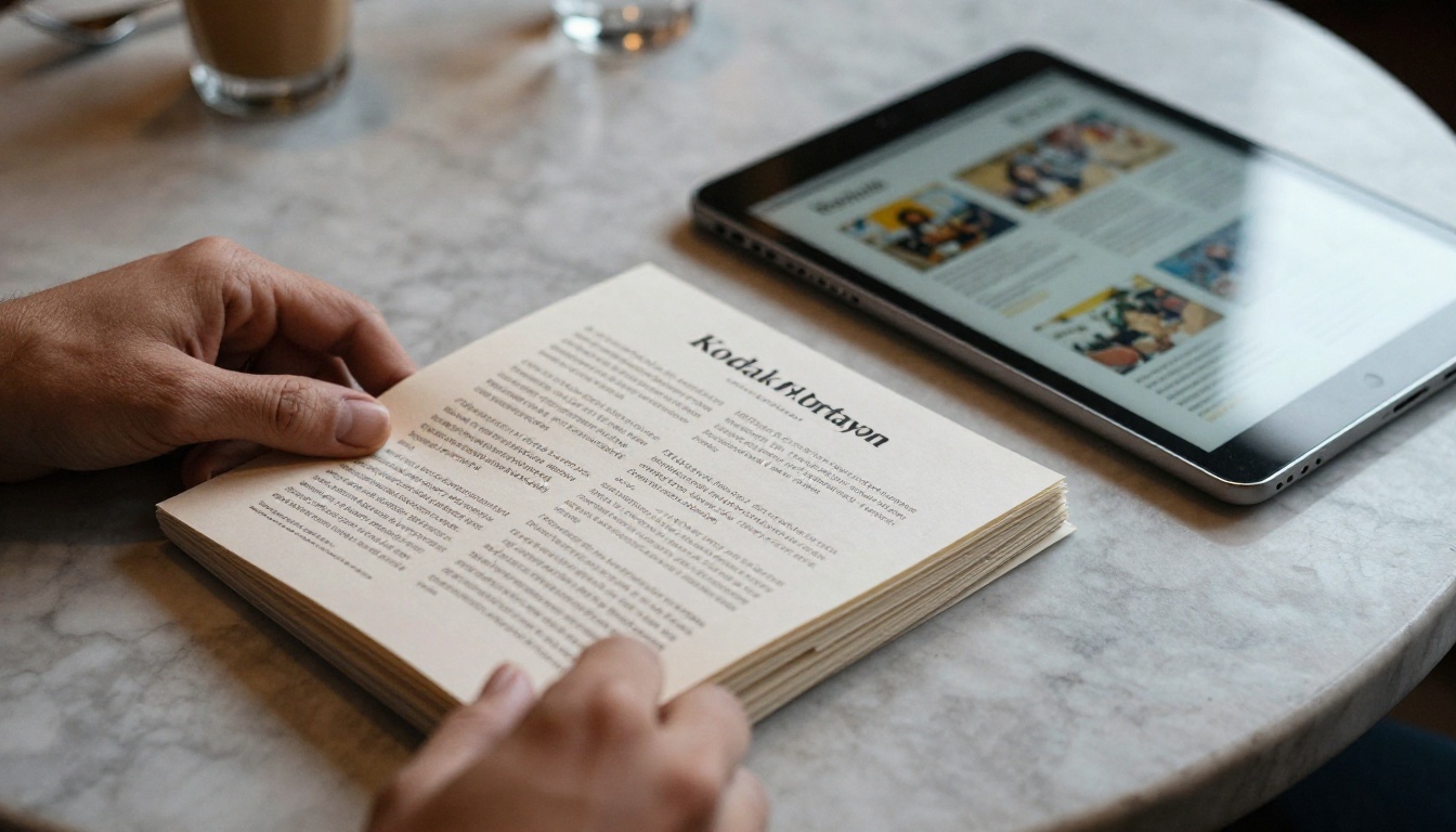 Hands flipping a thick printed brochure beside a tablet showing the same brochure as a digital flipbook Hands flipping a thick printed brochure beside a tablet showing the same brochure as a digital flipbook