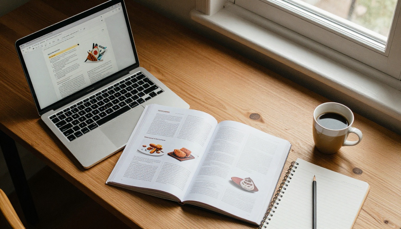 Overhead view of a desk with a laptop showing a digital catalog and a printed catalog beside it Overhead view of a desk with a laptop showing a digital catalog and a printed catalog beside it