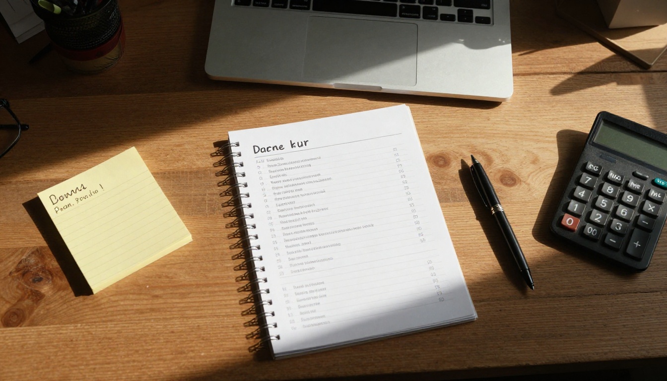 Overhead view of a wooden desk with a laptop, printed price list, notepad and calculator Overhead view of a wooden desk with a laptop, printed price list, notepad and calculator