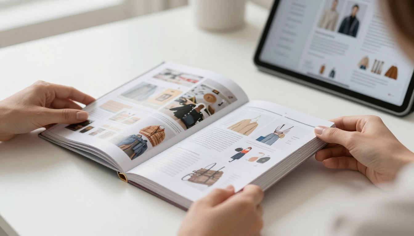 Hands flipping a printed retail catalog beside a tablet Hands flipping a printed retail catalog beside a tablet