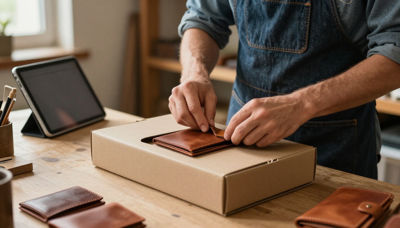 Man in a denim apron packing leather wallets in a workshop with a tablet nearby Man in a denim apron packing leather wallets in a workshop with a tablet nearby