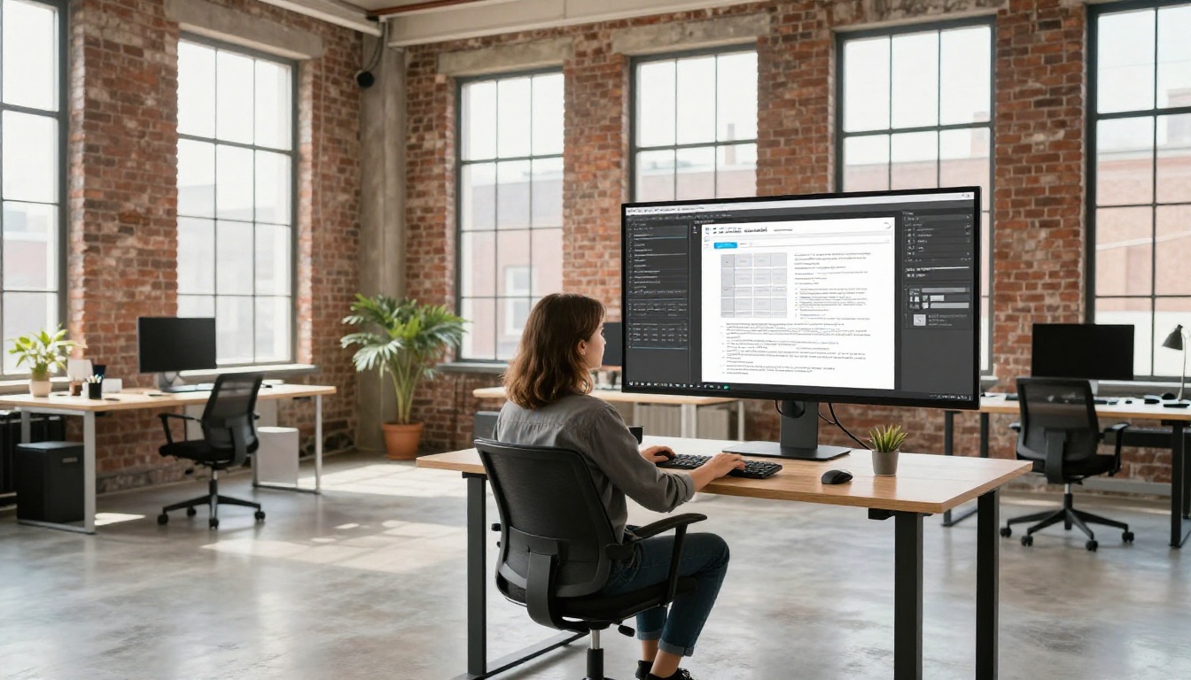 Graphic designer at a standing desk reviewing a PDF catalog on a large monitor in a brick office Graphic designer at a standing desk reviewing a PDF catalog on a large monitor in a brick office