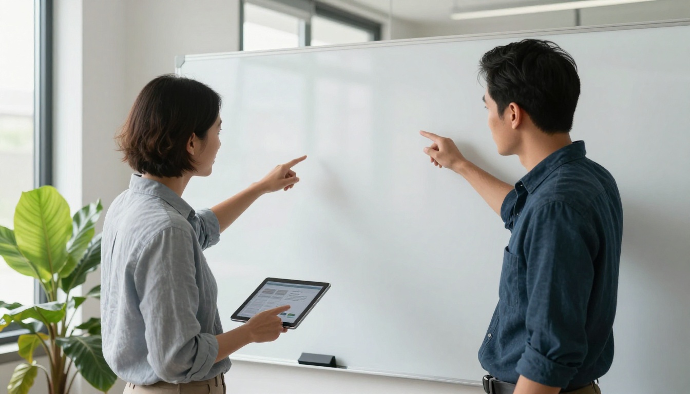 Two colleagues pointing at a tablet that displays a digital catalog in a bright office Two colleagues pointing at a tablet that displays a digital catalog in a bright office