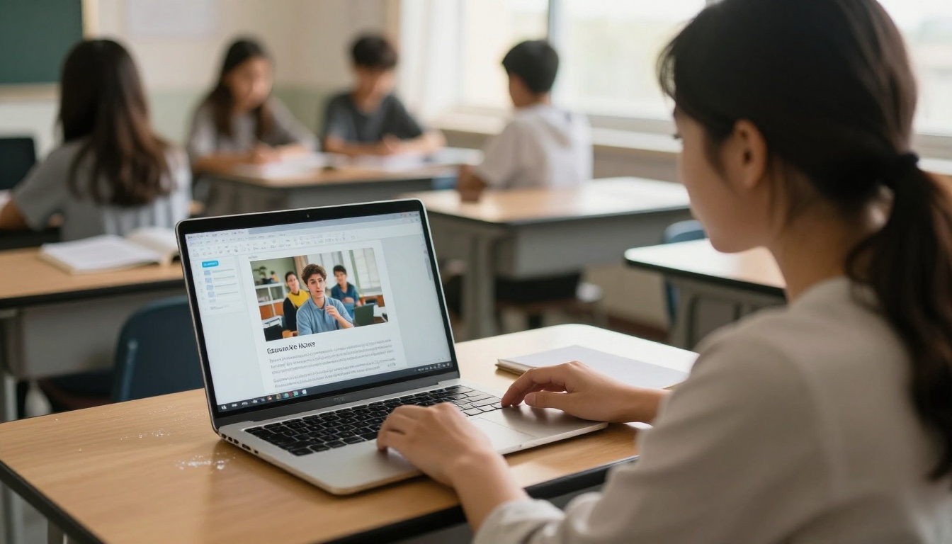 Teacher at a classroom desk viewing a digital course workbook on a laptop Teacher at a classroom desk viewing a digital course workbook on a laptop