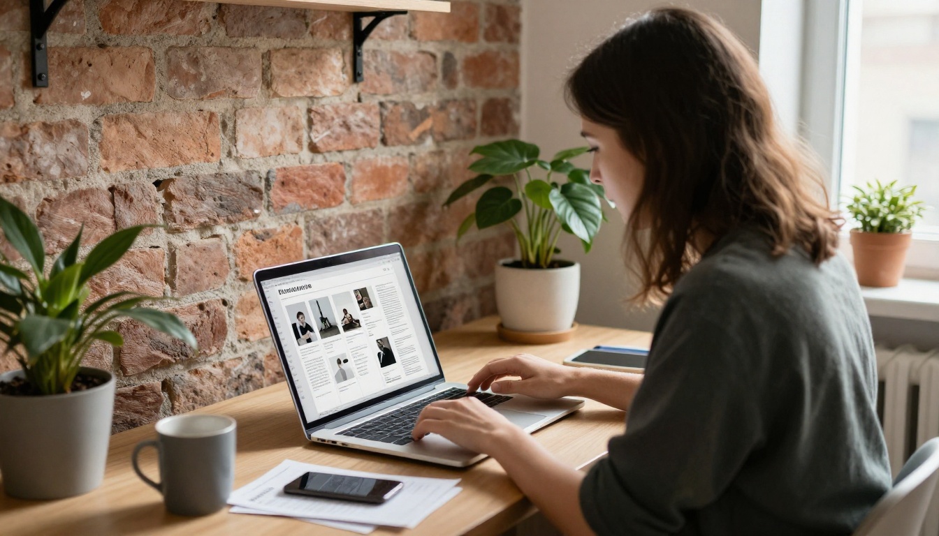 A designer uploading a PDF brochure in a sunlit loft A designer uploading a PDF brochure in a sunlit loft