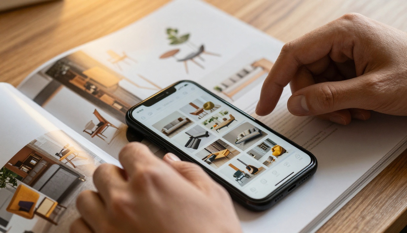 Hands flipping through a glossy printed catalog next to a smartphone showing the same catalog Hands flipping through a glossy printed catalog next to a smartphone showing the same catalog