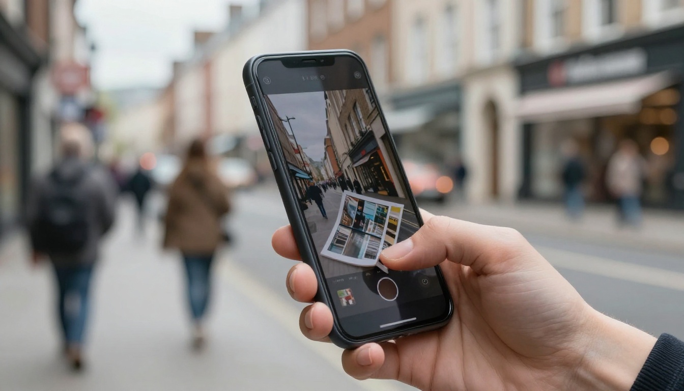 Hand holding a smartphone showing a flipbook magazine on a city street Hand holding a smartphone showing a flipbook magazine on a city street