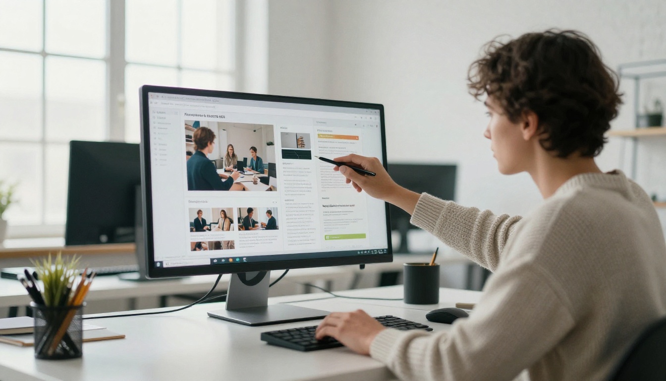 Marketing designer adjusting a brochure layout on a large monitor Marketing designer adjusting a brochure layout on a large monitor