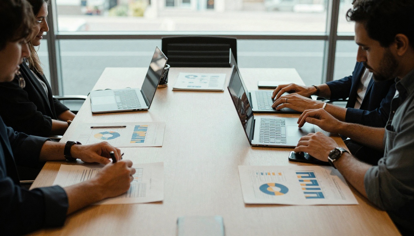 Two colleagues at a meeting table with laptops and printed comparison charts Two colleagues at a meeting table with laptops and printed comparison charts