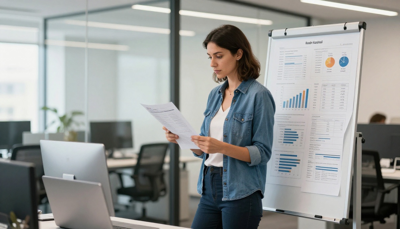 A marketing manager reviewing reader statistics on paper charts A marketing manager reviewing reader statistics on paper charts