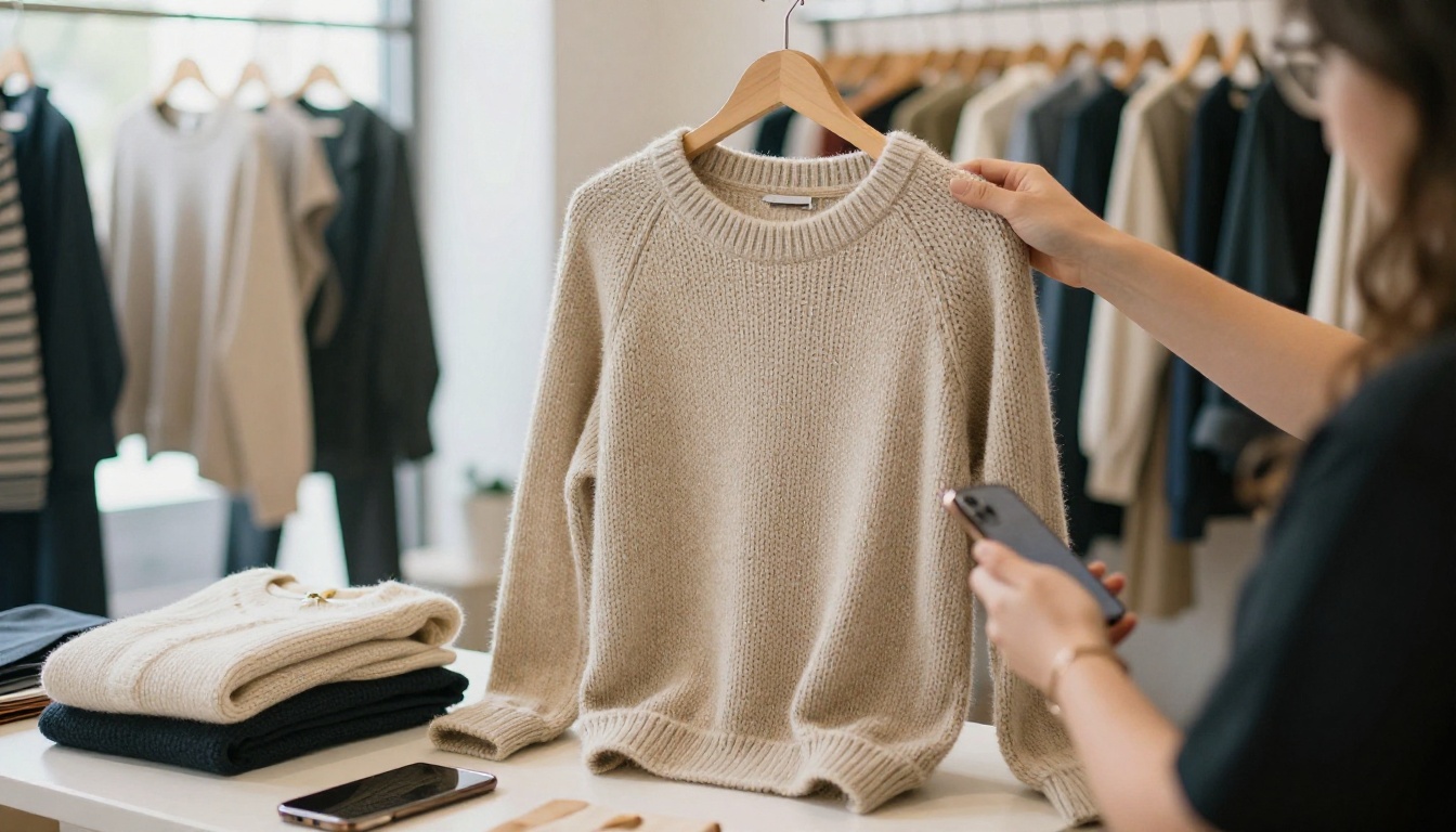 Boutique owner photographing a folded sweater with a smartphone in a sunlit shop Boutique owner photographing a folded sweater with a smartphone in a sunlit shop