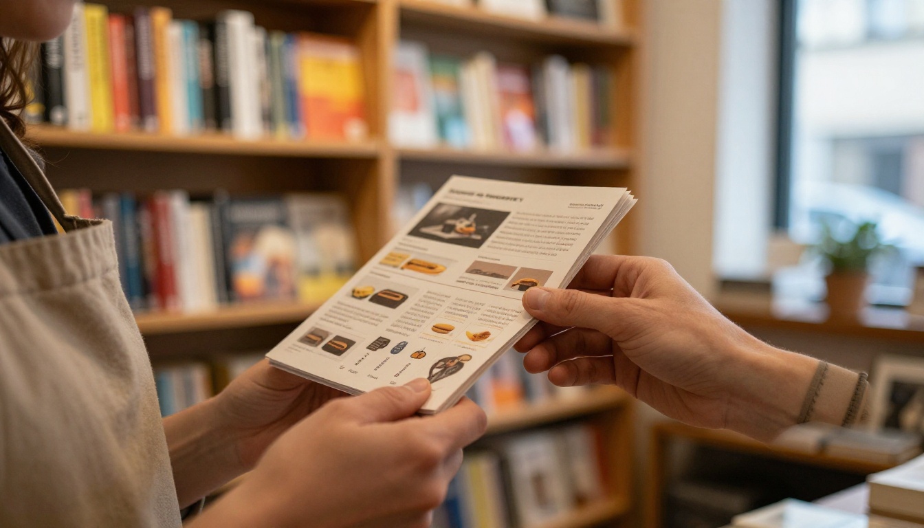 Bookshop owner holding a printed catalog Bookshop owner holding a printed catalog