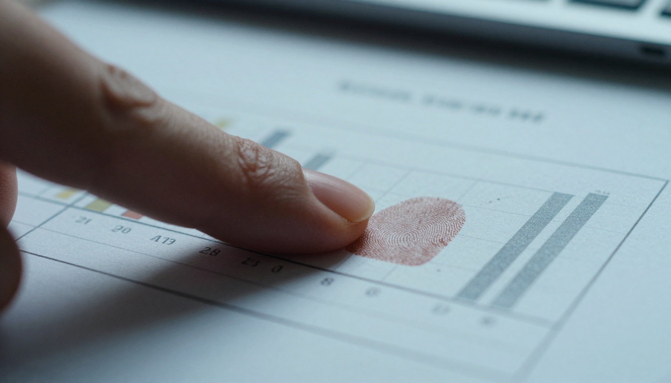 Macro view of a fingertip on a laptop trackpad beside a printed bar chart report Macro view of a fingertip on a laptop trackpad beside a printed bar chart report