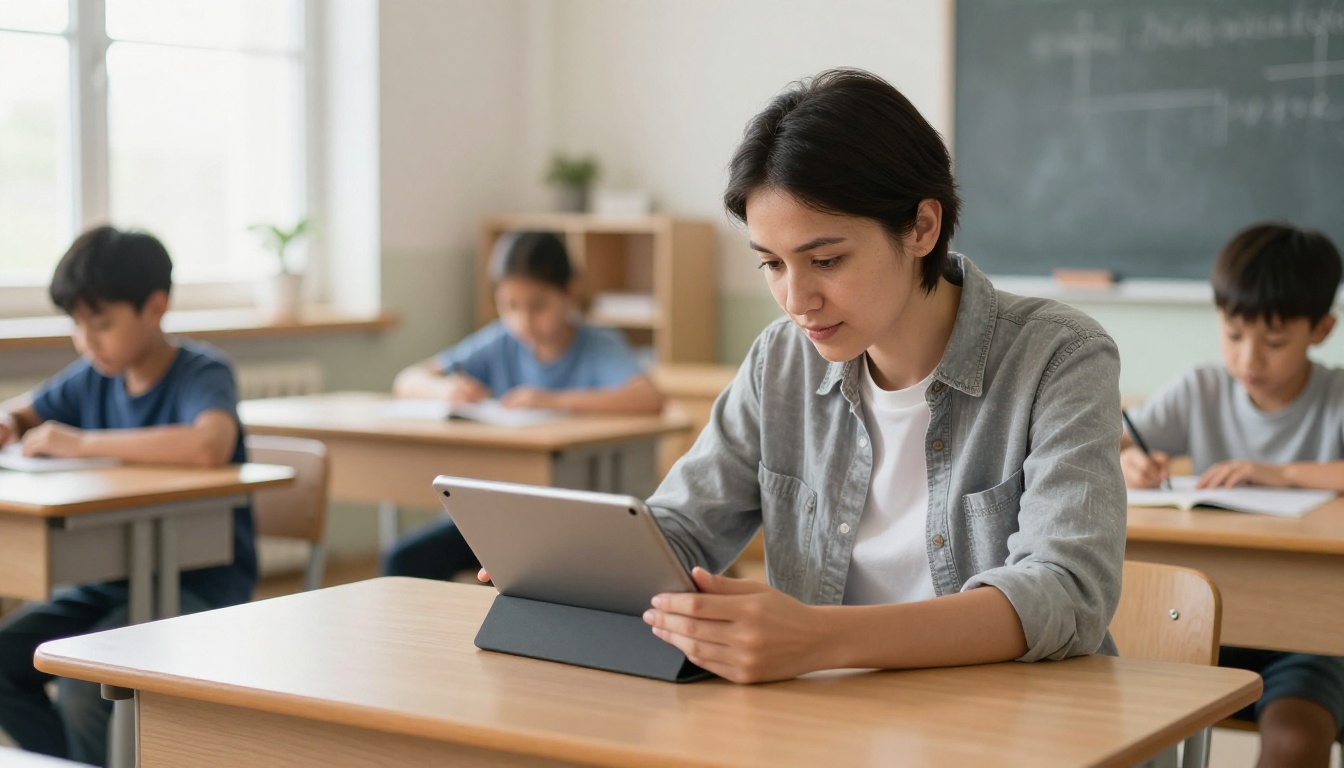 A teacher reading a digital newsletter in a classroom A teacher reading a digital newsletter in a classroom