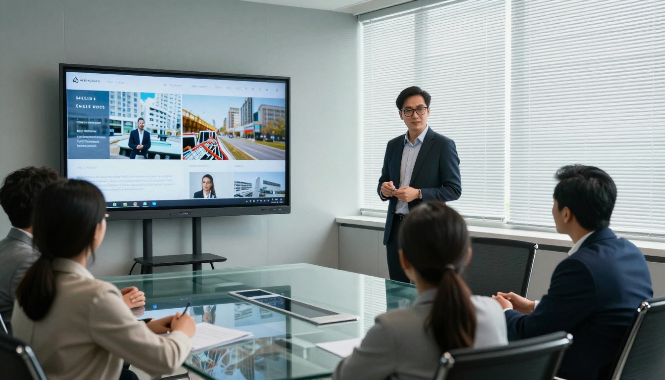Sales manager presenting a catalog on a monitor to three clients around a glass table Sales manager presenting a catalog on a monitor to three clients around a glass table