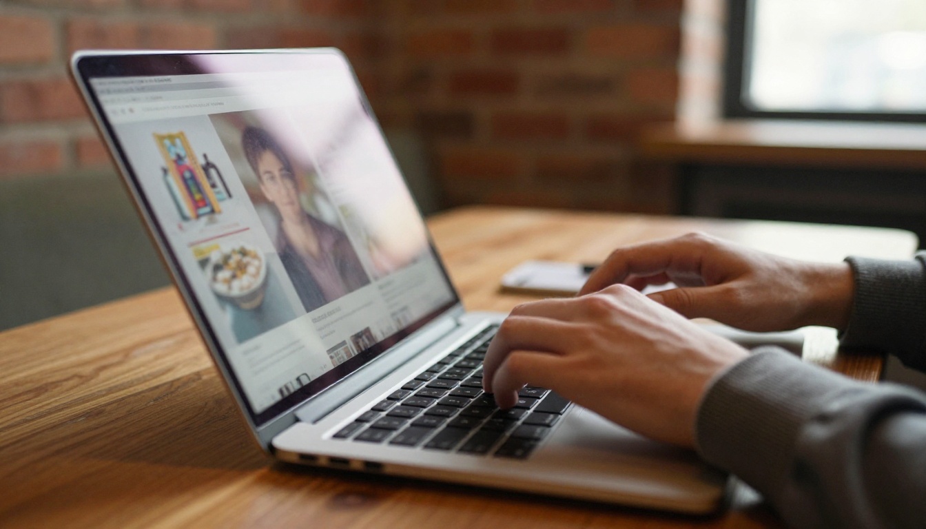A young man typing on a laptop that shows a page-turning digital magazine in a cafe A young man typing on a laptop that shows a page-turning digital magazine in a cafe