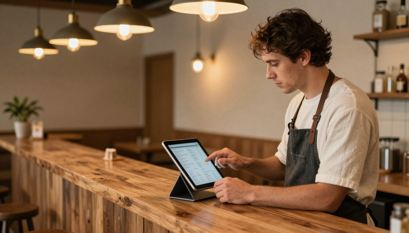 Restaurant owner at a counter reviewing a digital menu on a tablet Restaurant owner at a counter reviewing a digital menu on a tablet