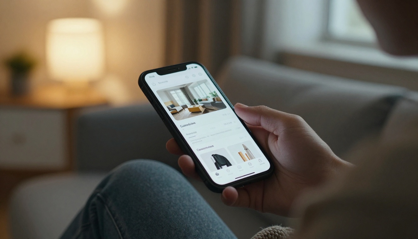 Person scrolling a mobile phone showing a product catalog on a gray sofa Person scrolling a mobile phone showing a product catalog on a gray sofa