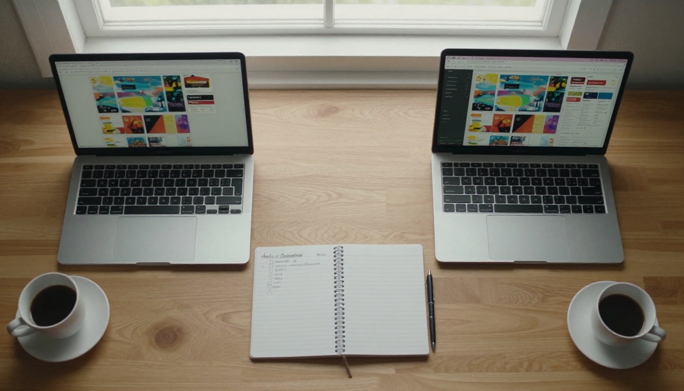 Overhead view of two laptops, a notebook checklist and coffee on a wooden desk Overhead view of two laptops, a notebook checklist and coffee on a wooden desk