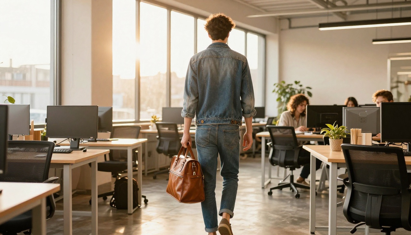 Freelancer walking out of a sunlit coworking space carrying a laptop bag Freelancer walking out of a sunlit coworking space carrying a laptop bag