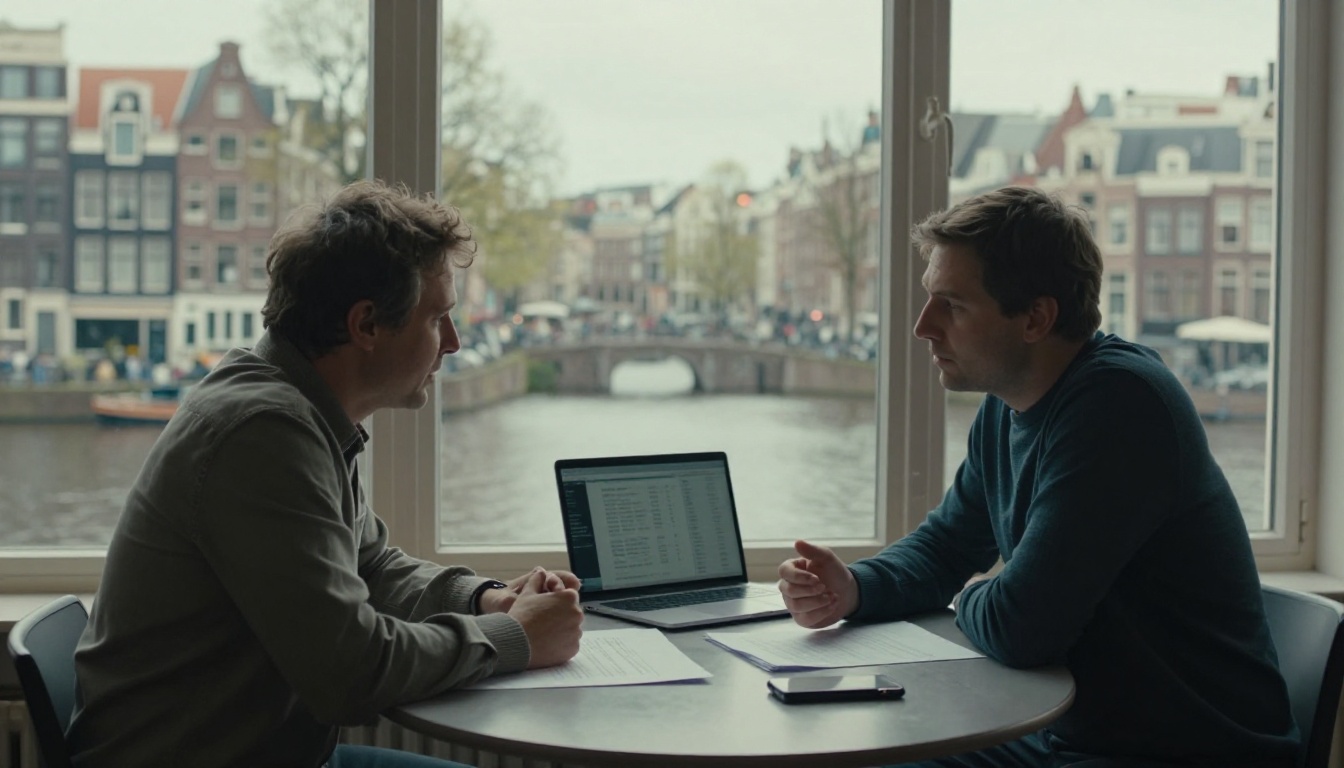 Two colleagues comparing pricing notes at a round table Two colleagues comparing pricing notes at a round table