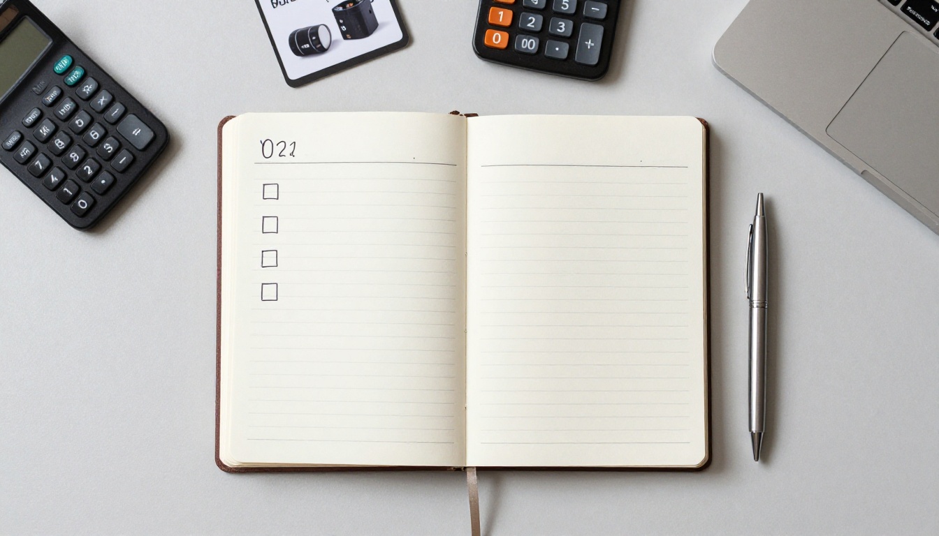 Flat lay of a notebook, calculator, pen and product cards on a gray desk Flat lay of a notebook, calculator, pen and product cards on a gray desk