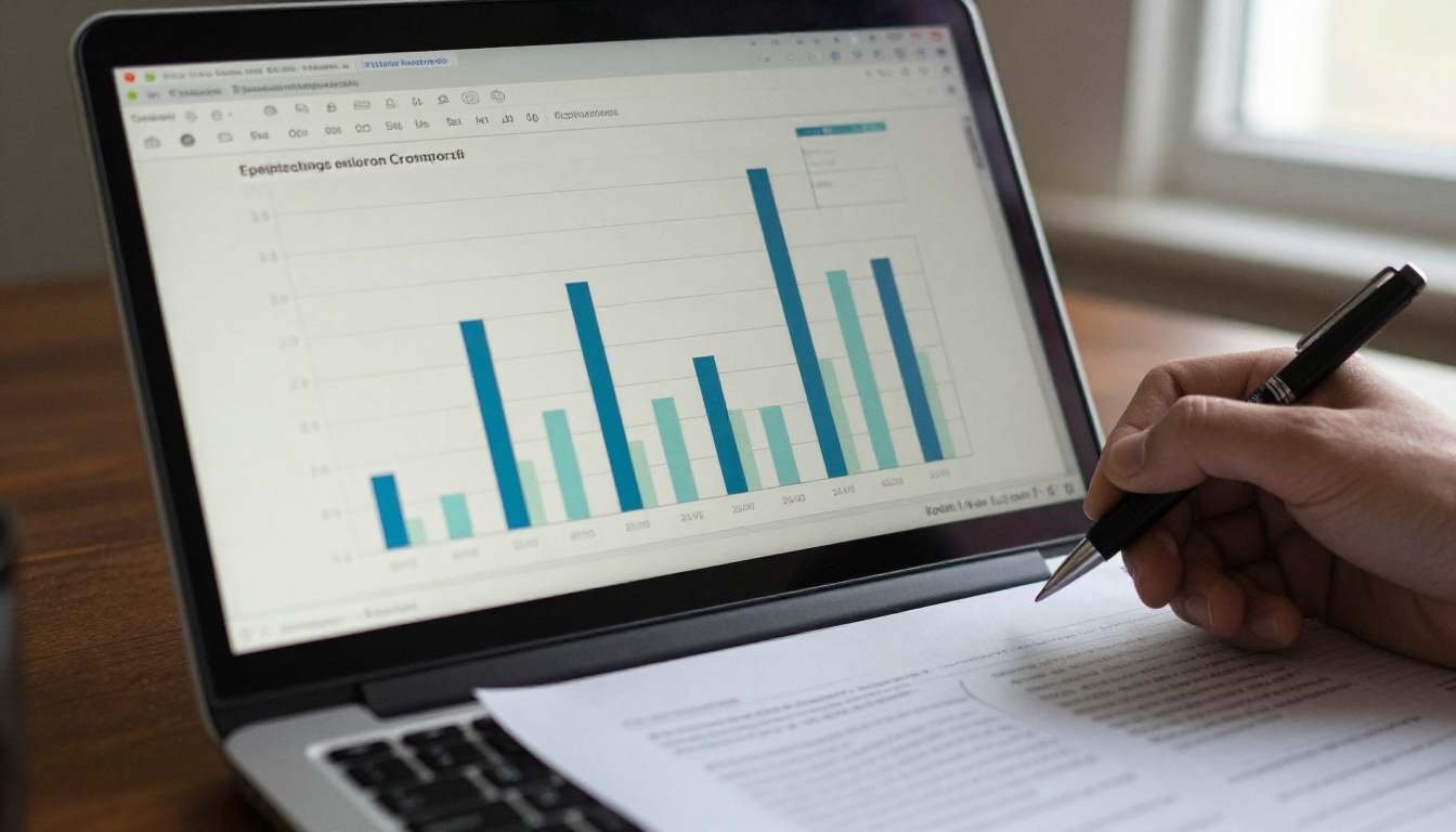 Laptop showing an analytics dashboard beside a printed report Laptop showing an analytics dashboard beside a printed report