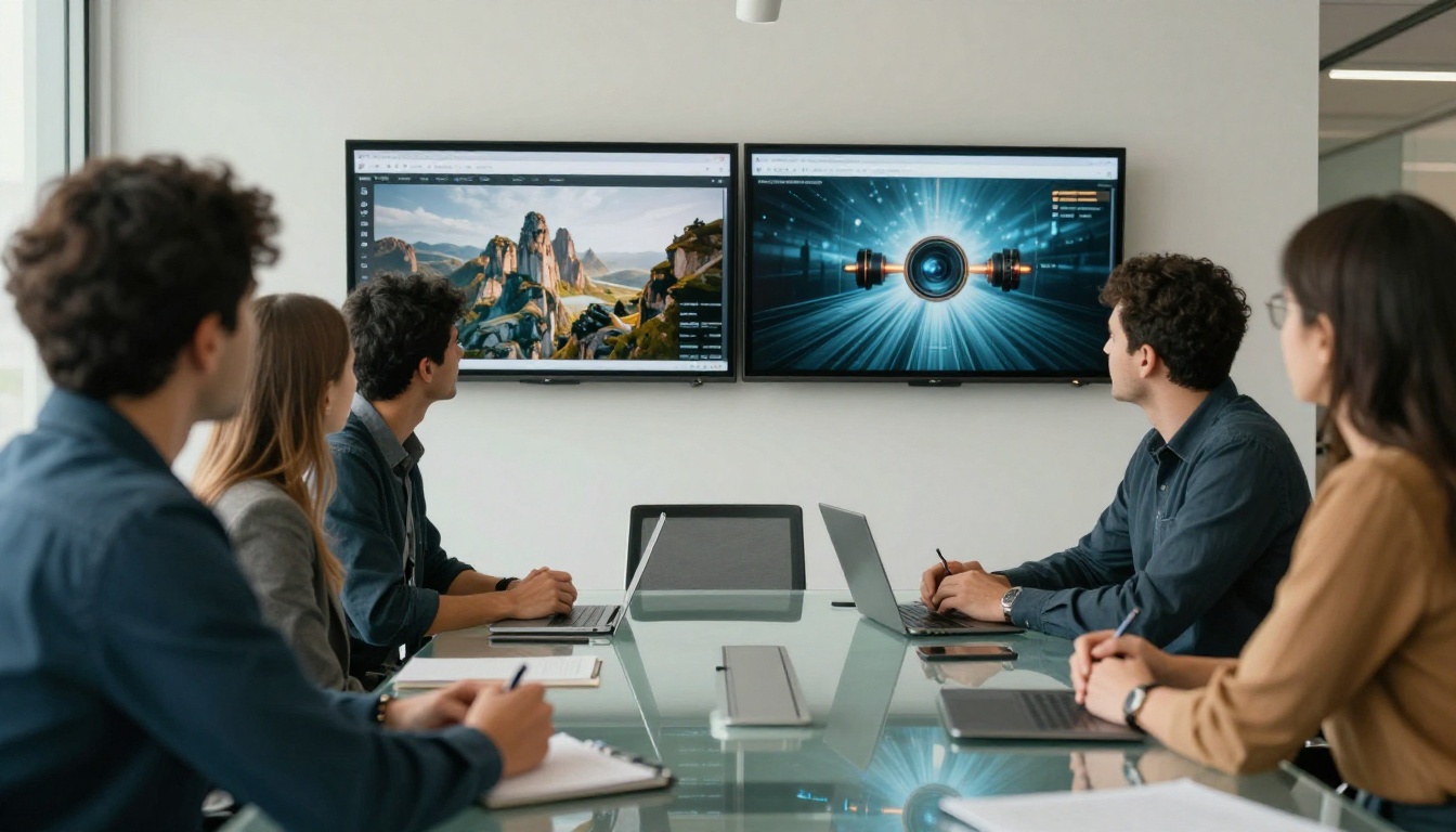 Professionals comparing software options on a wall display Professionals comparing software options on a wall display