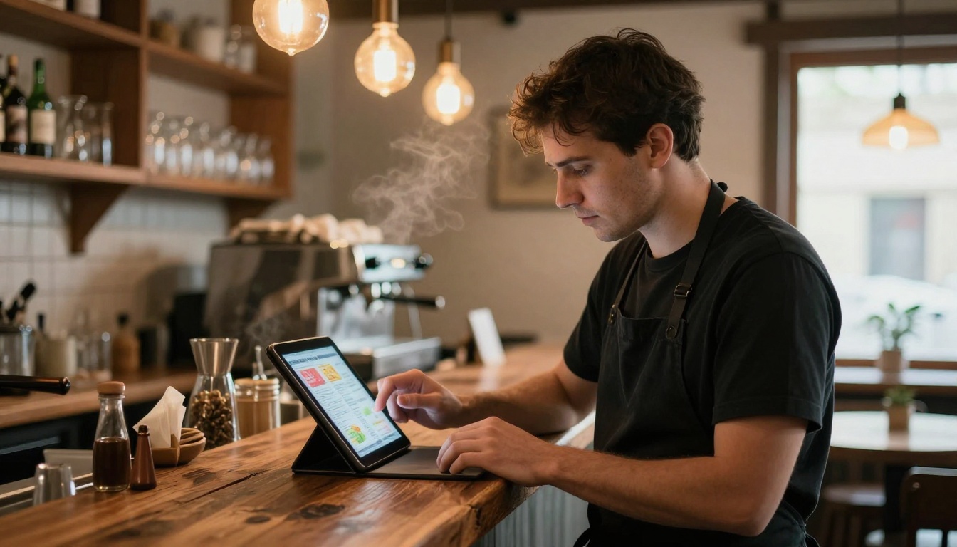 Restaurant owner at a wooden counter checking a colorful menu on a tablet Restaurant owner at a wooden counter checking a colorful menu on a tablet