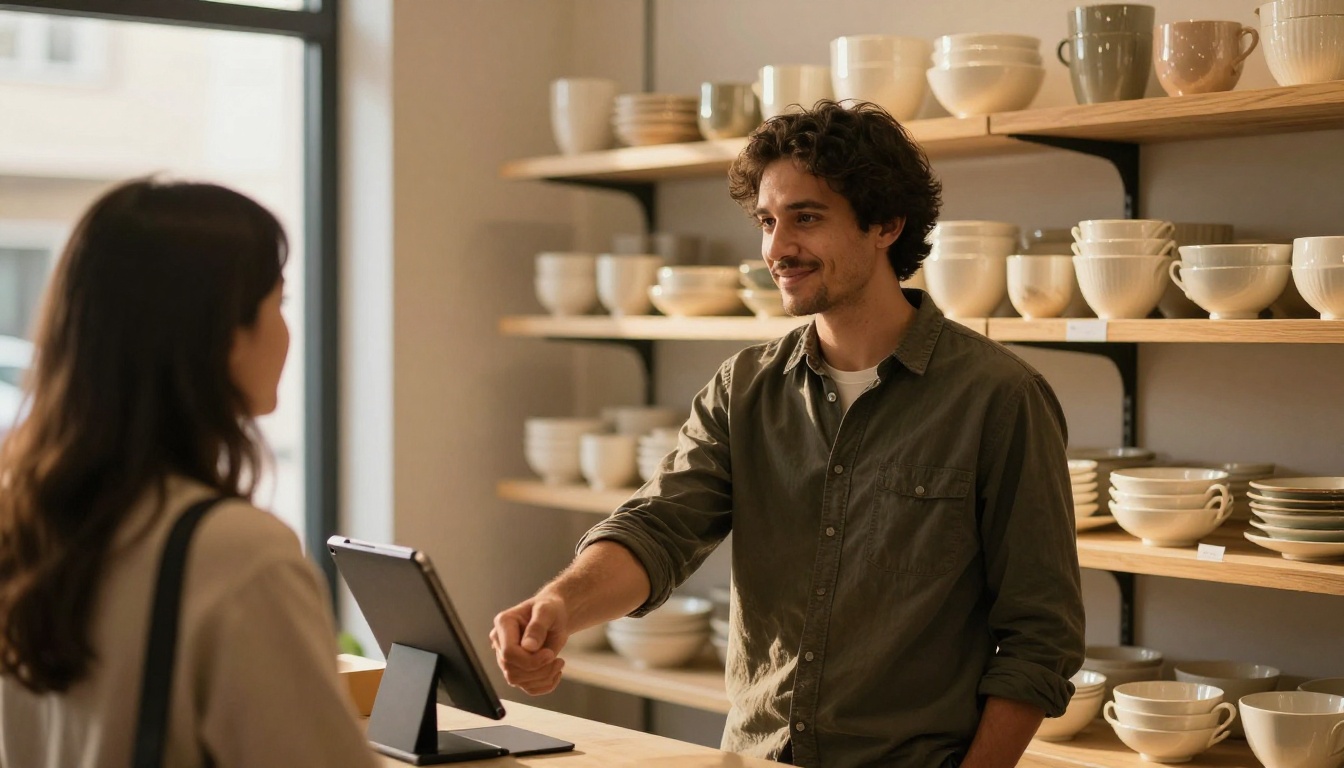 Entrepreneur shaking hands with a customer in a small ceramic showroom Entrepreneur shaking hands with a customer in a small ceramic showroom