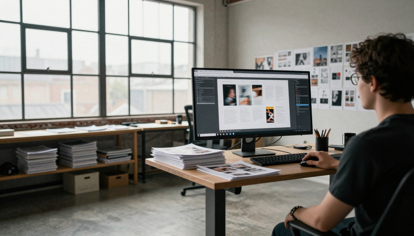 Designer at a standing desk reviewing magazine page layouts on a monitor Designer at a standing desk reviewing magazine page layouts on a monitor