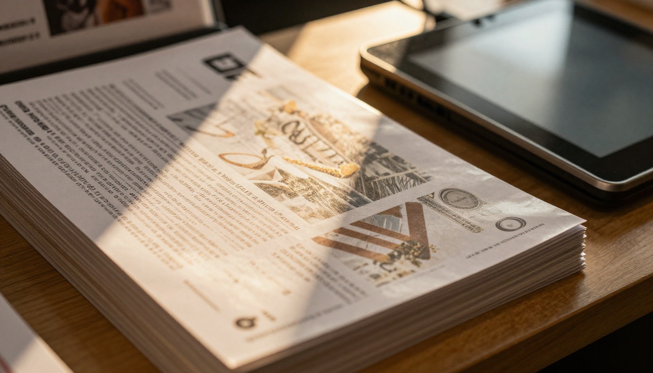 Stacked printed catalogs and a tablet on a retail counter Stacked printed catalogs and a tablet on a retail counter