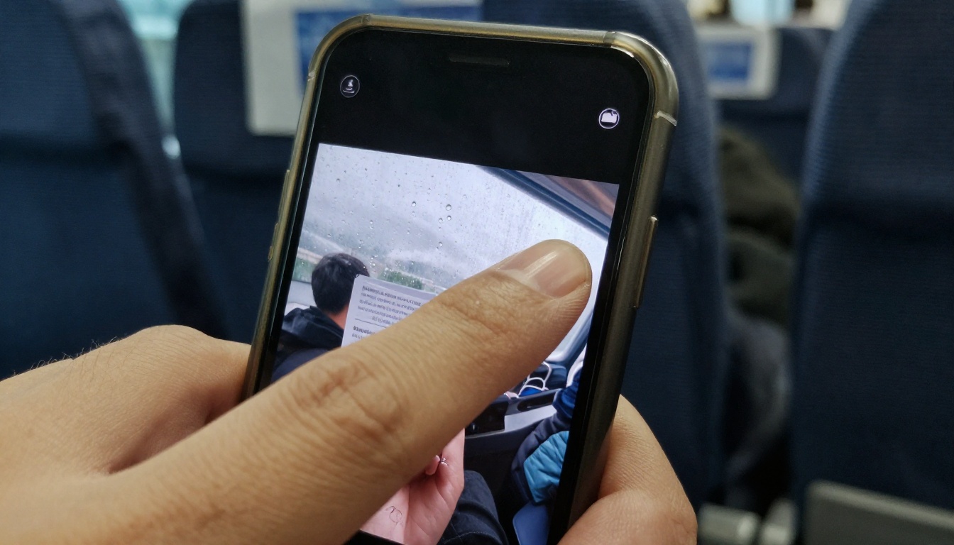 Close-up of a finger touching a smartphone showing a page-turning brochure on a train Close-up of a finger touching a smartphone showing a page-turning brochure on a train