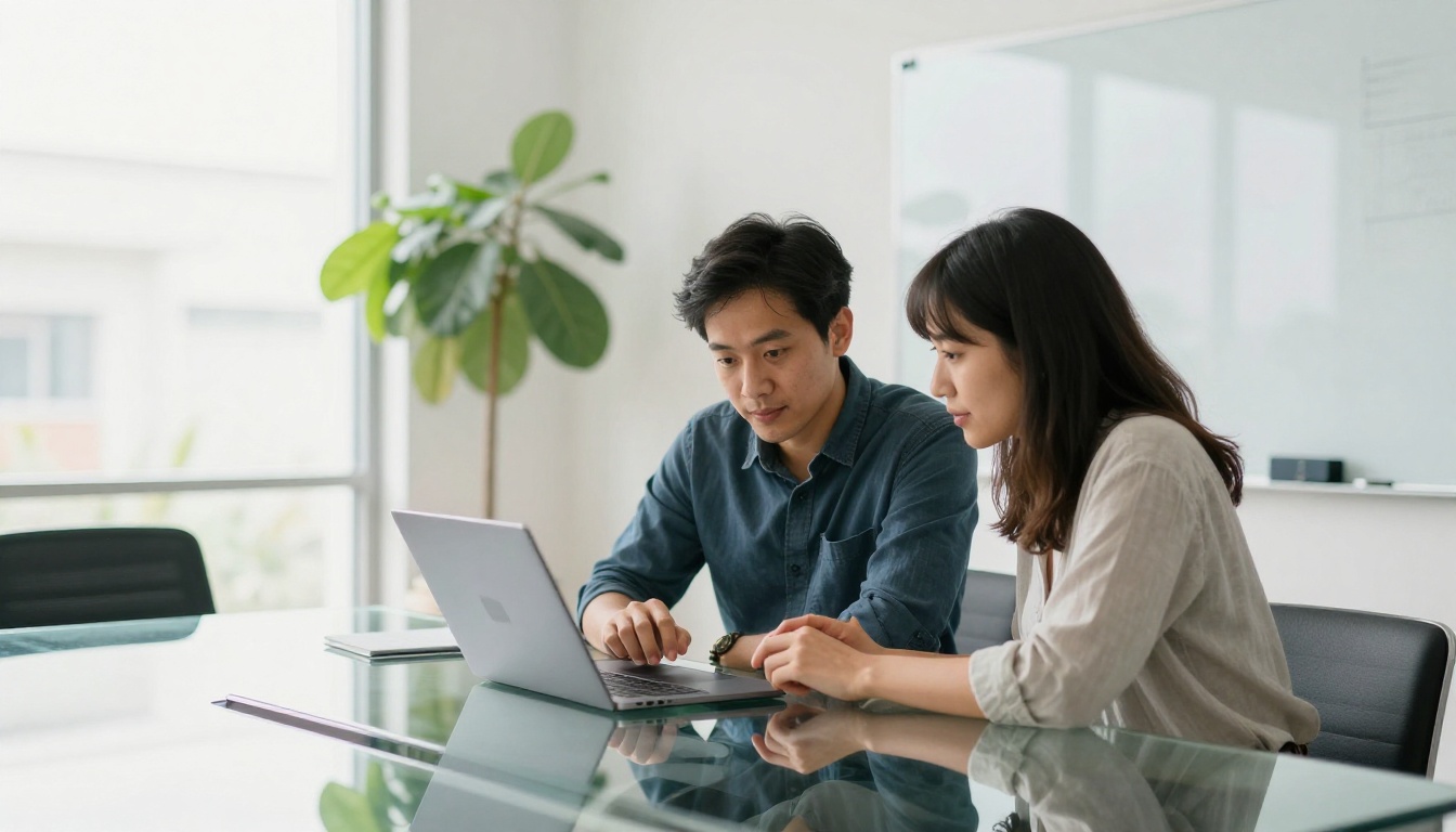 Two colleagues at a glass table reviewing a digital catalog on a laptop Two colleagues at a glass table reviewing a digital catalog on a laptop