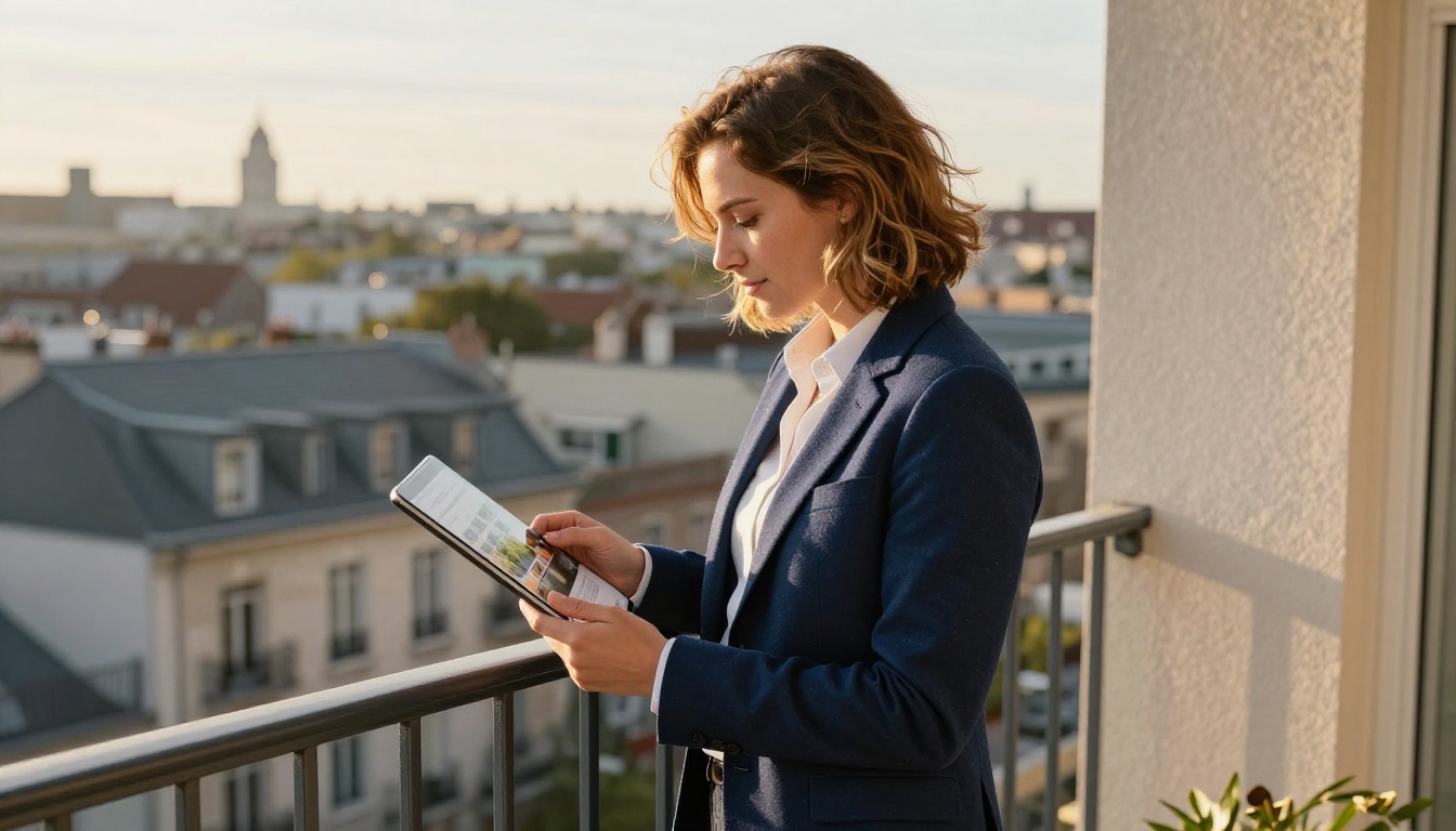 Real estate agent on a balcony holding a tablet with a property brochure Real estate agent on a balcony holding a tablet with a property brochure