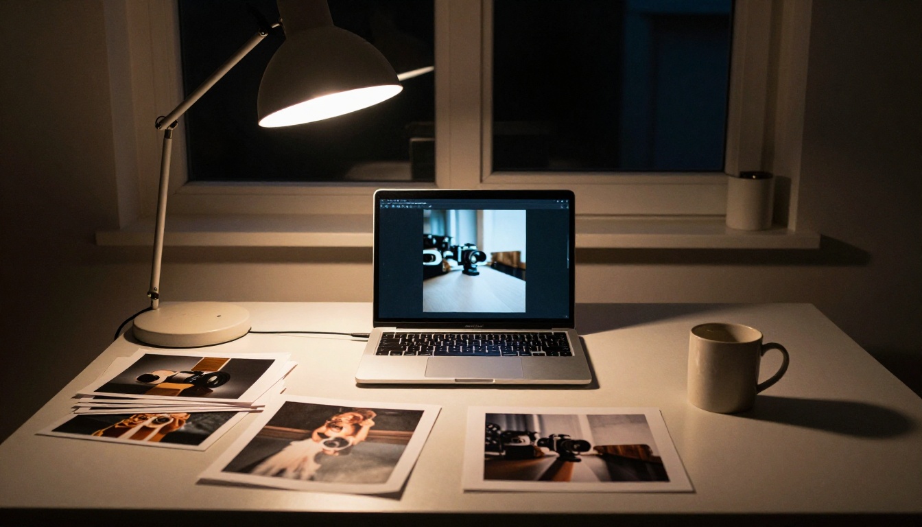 Photographer at a kitchen table with a laptop and printed photos fanned out Photographer at a kitchen table with a laptop and printed photos fanned out