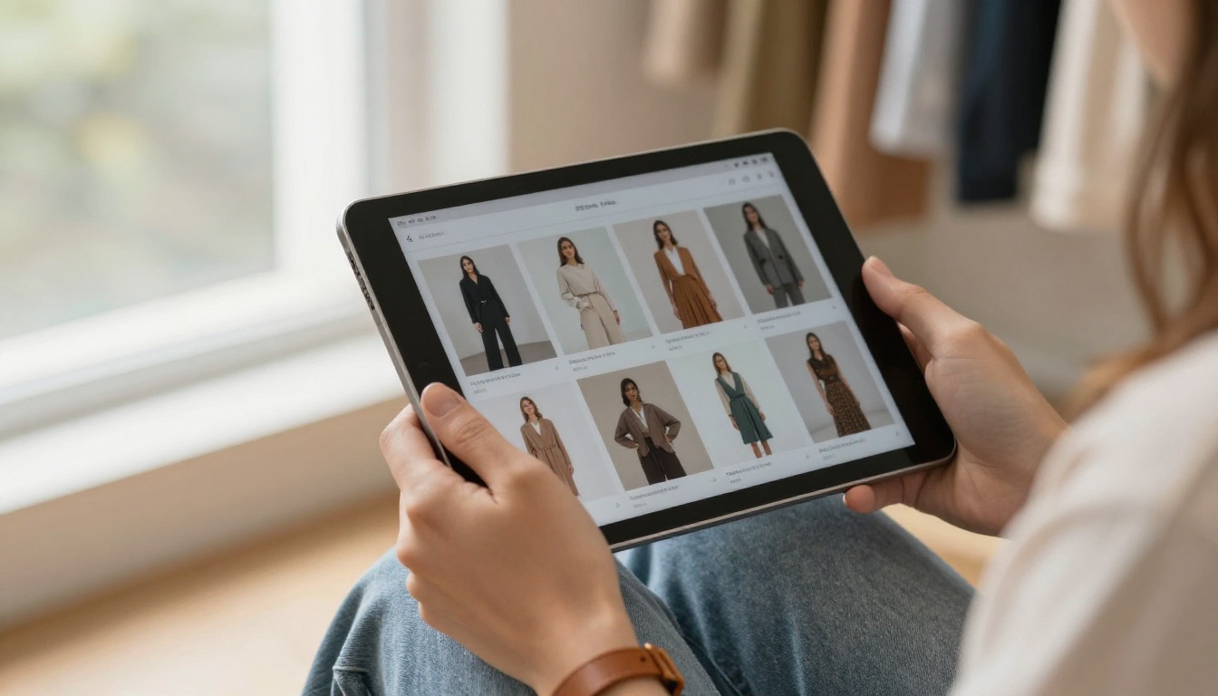 Woman browsing a digital fashion catalog on a tablet in a boutique Woman browsing a digital fashion catalog on a tablet in a boutique