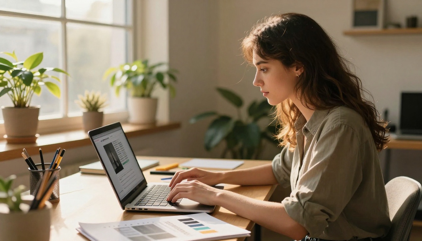 Designer working at a standing desk next to a printed brand style guide Designer working at a standing desk next to a printed brand style guide