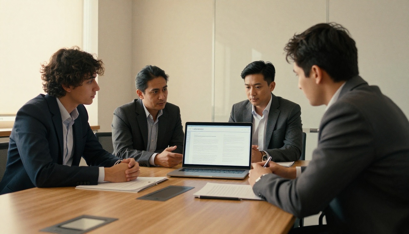 Team reviewing a report on a wall-mounted screen in a meeting room Team reviewing a report on a wall-mounted screen in a meeting room