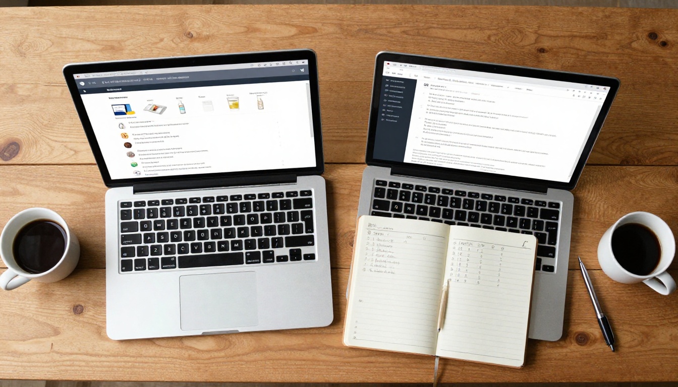 Aerial view of two laptops comparing catalog software on a wooden desk Aerial view of two laptops comparing catalog software on a wooden desk