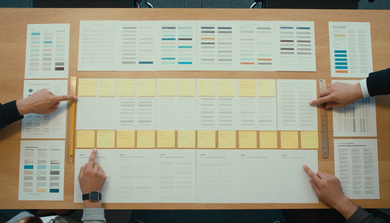 Aerial view of a conference table with brand swatches and brochures fanned in a row Aerial view of a conference table with brand swatches and brochures fanned in a row