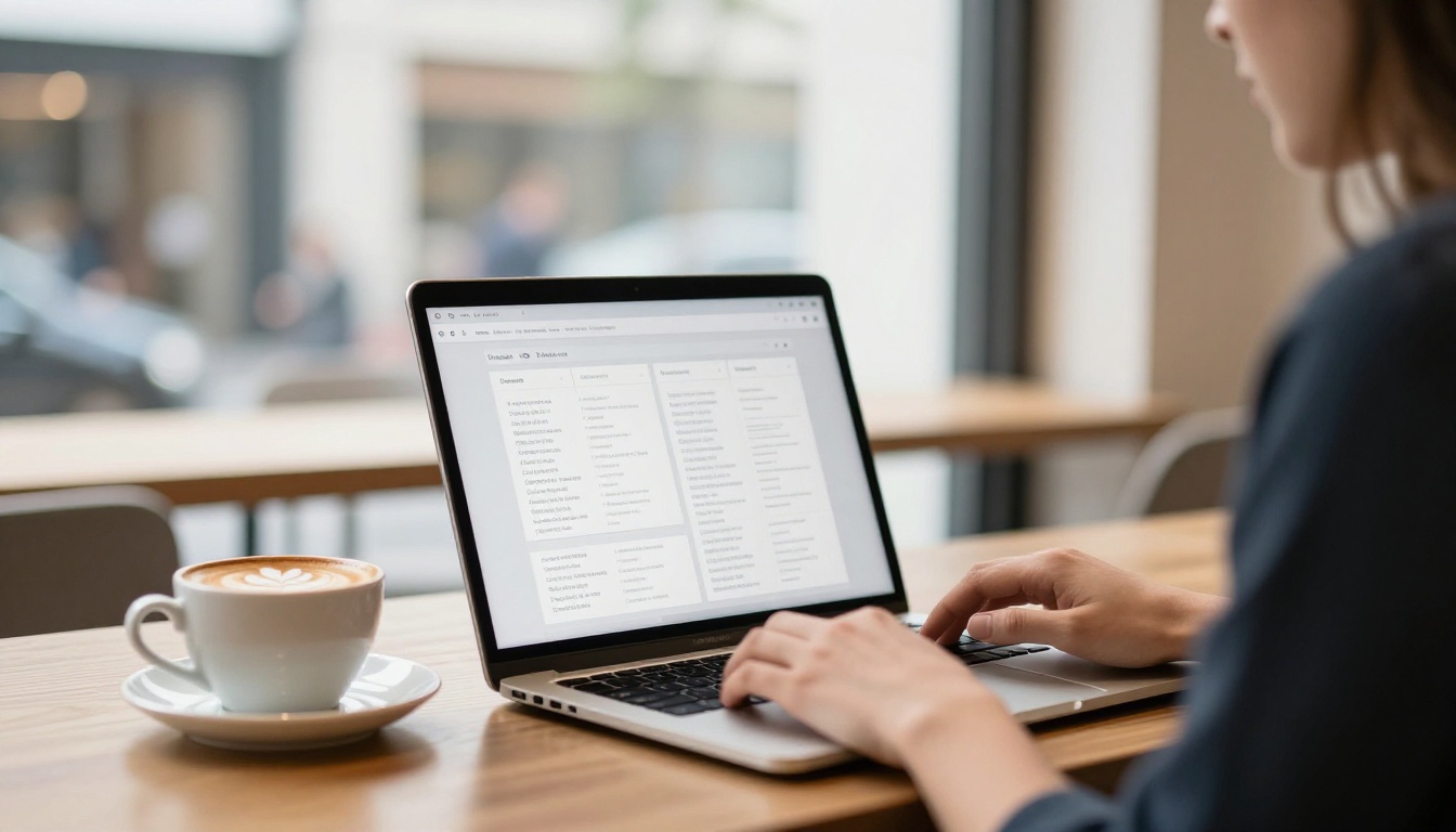 Freelancer working on a presentation template at a cafe table Freelancer working on a presentation template at a cafe table
