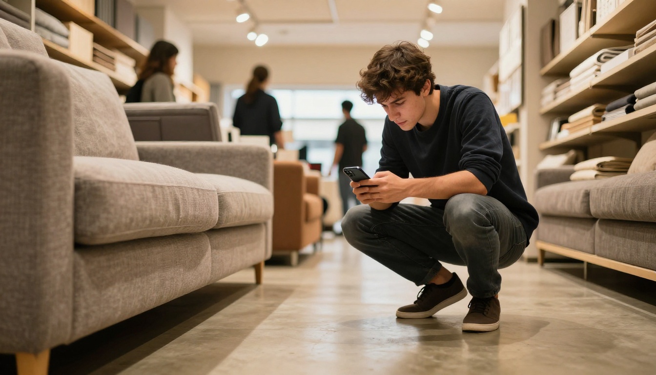 Man scanning a product with his phone in a home furnishing store Man scanning a product with his phone in a home furnishing store