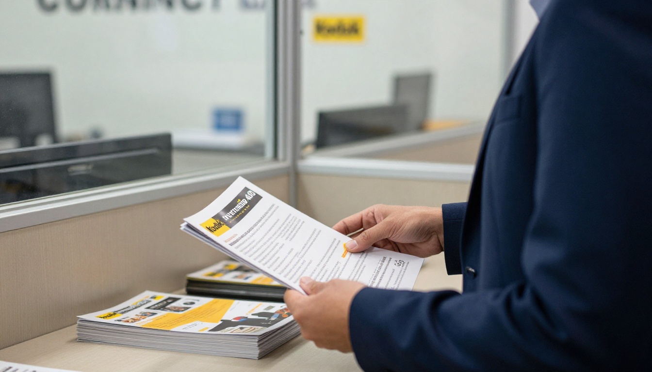 Regional manager in a navy blazer reviewing a stack of printed brochures in a branch office Regional manager in a navy blazer reviewing a stack of printed brochures in a branch office