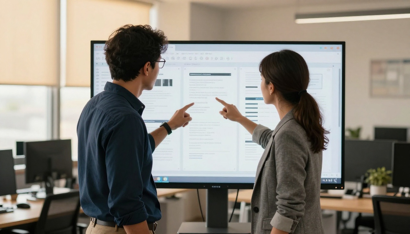 Two colleagues reviewing a digital catalog layout together Two colleagues reviewing a digital catalog layout together